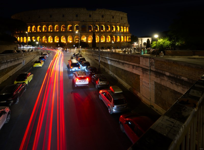 Colosseum At Blue Hour With Traffic Trails